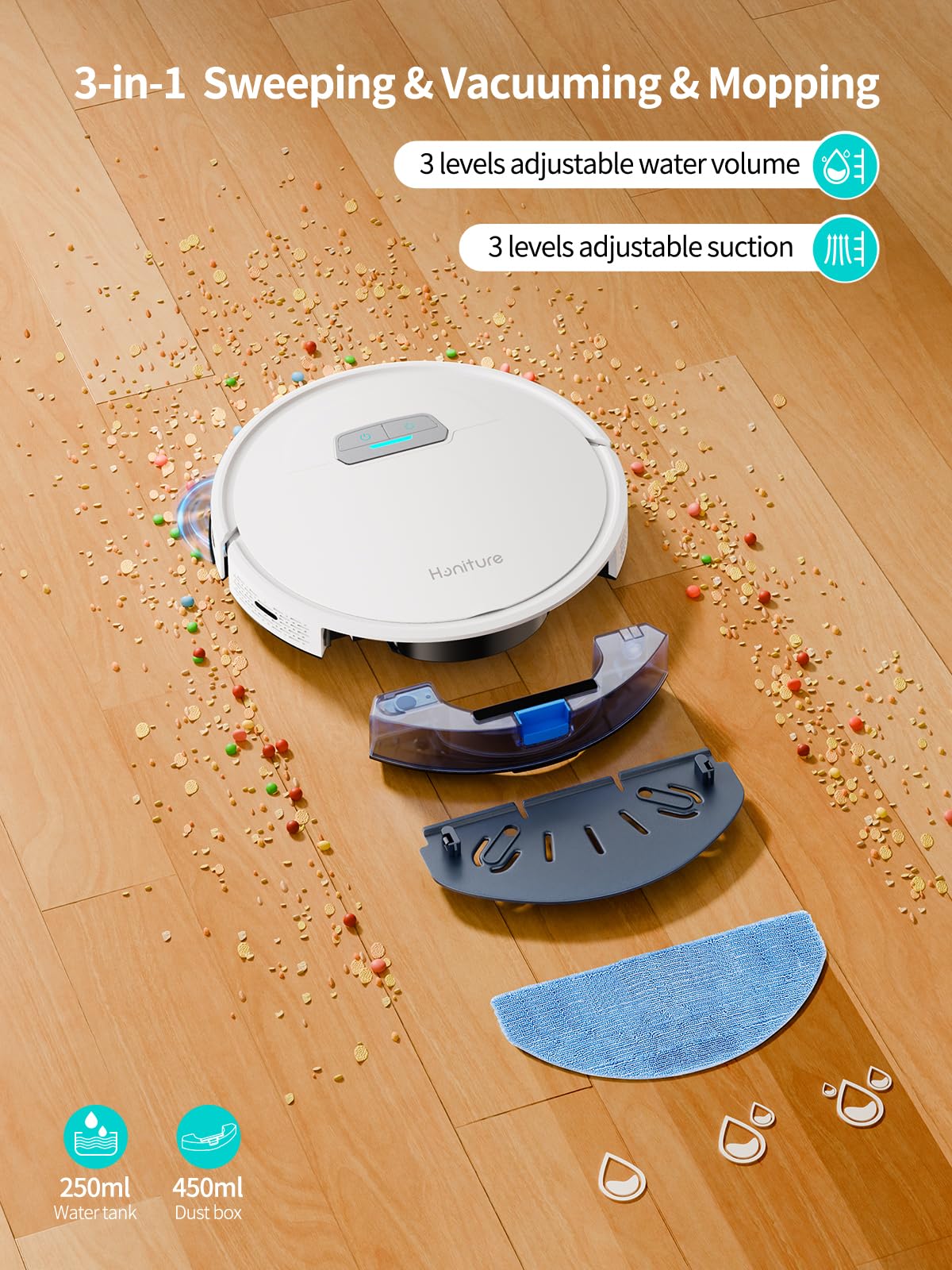 HONITURE Robot Vacuum Cleaner with Mop, G20 Robotic Vacuums with Mapping, 7000Pa Strong Suction, Carpet Booster, Wi-Fi/APP/Alexa/Remote, Ideal for Pet Hair, Hard Floor and Carpet, 7.6cm Thin