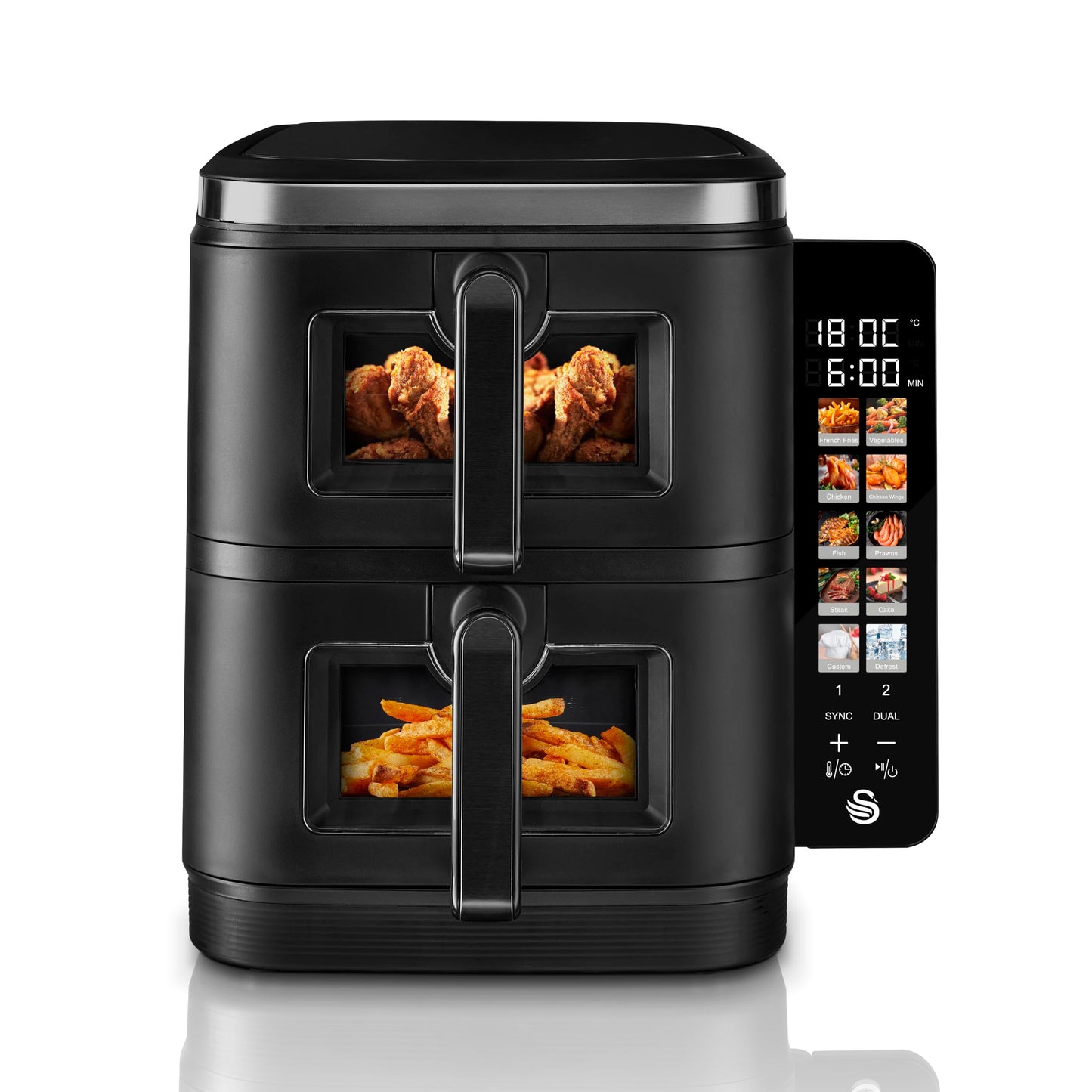 Swan 11L Twin Stack Air Fryer, Swan Cyclone Technology, Two 5.5L Baskets, Space-Saving Vertical Stack Design, Foldable Digital Touch Display, Dual Cook Functions,10 Pre-Sets, 2800W Black, SD10522BLK
