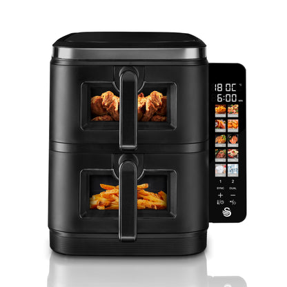 Swan 11L Twin Stack Air Fryer, Swan Cyclone Technology, Two 5.5L Baskets, Space-Saving Vertical Stack Design, Foldable Digital Touch Display, Dual Cook Functions,10 Pre-Sets, 2800W Black, SD10522BLK