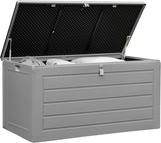 Olsen & Smith 680L XL Outdoor Garden Storage Box, Weatherproof Wood Effect Outdoor Storage Box, Lockable Large Storage Box with Lid, Padlock, Seat, Storage Boxes with Lids, Anthracite, 146 x 71 x 75cm