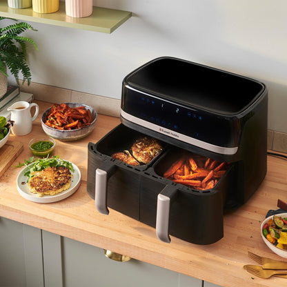Russell Hobbs Dual Air Fryer 9L Rapid Airfryer [Dual Basket/Zone, Low-Noise, 9 Programs] satisfry (Dishwasher safe drawers, Max 200℃, Oil Free Cooking, Roast, Bake, Grill, Keep warm) 27680