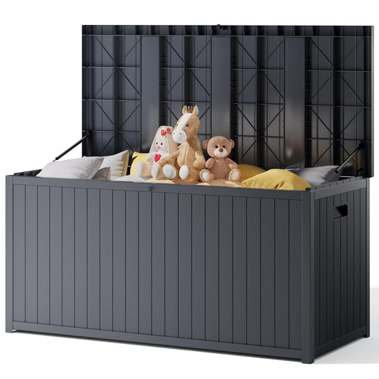 The Fellie 430L Garden Storage Box, Lockable Outdoor Storage Boxes Waterproof, Large Plastic Garden Storage Box for Garden Tools, Cushions Toys, 125x56x61.5 cm, Grey
