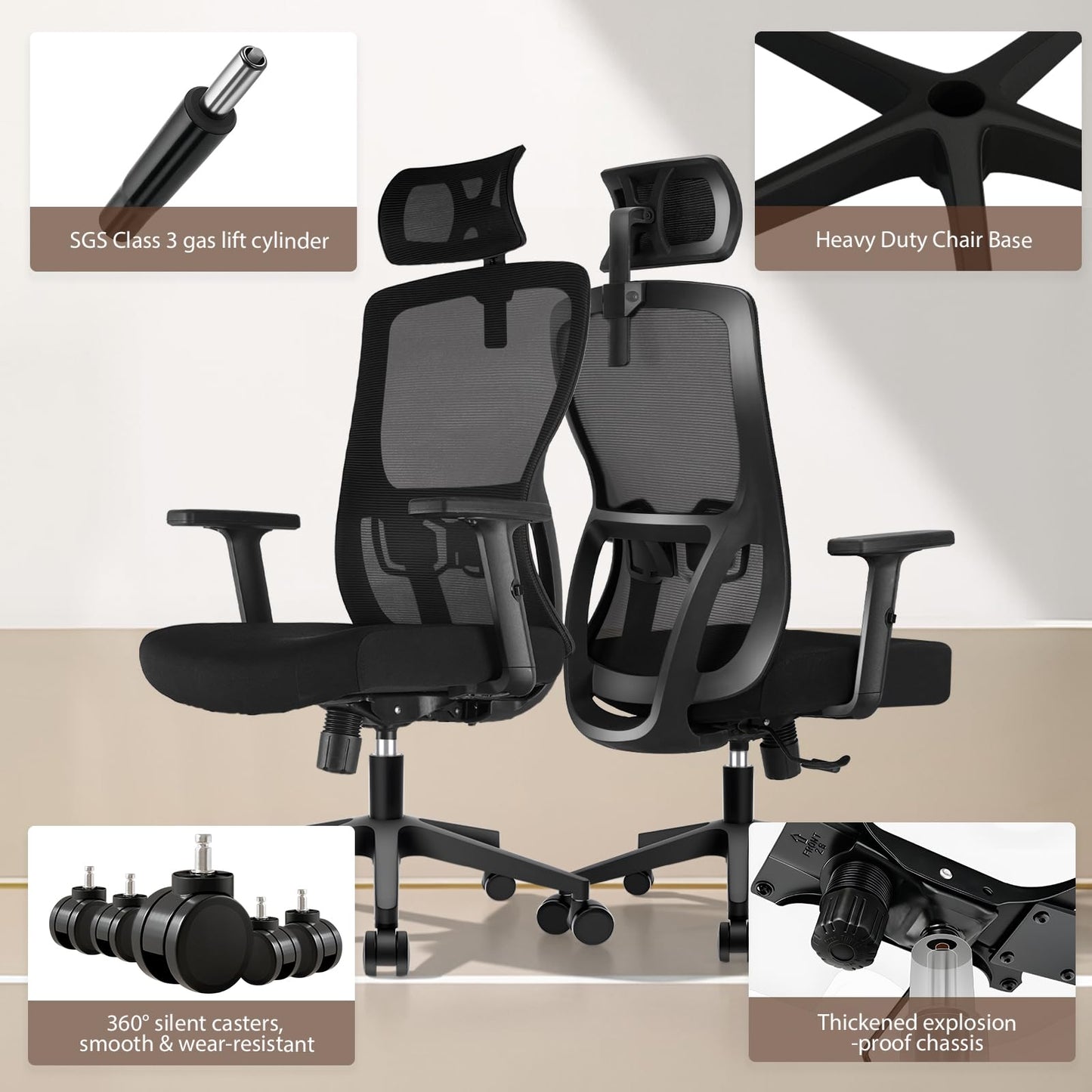 Durrafy Office Chair, Desk Chair with Adjustable Headrest, Lumbar support and Liftable Armrest, High Back Ergonomic Office Chair, Breathable Mesh Backrest for Comfy, Computer Chair for Home/Office