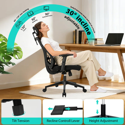 Durrafy Ergonomic Office Chair, Desk Chair with Adjustable Lumbar Headrest and Armrest, Office Chairs Support up to 150 kg, Breathable and Comfortable Mesh Swivel Chair for Home/Office, Black