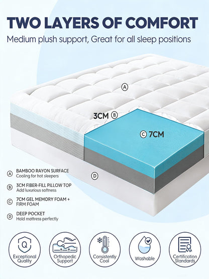 ELEMUSE Dual-layer Memory Foam Mattress Topper with Bamboo Pillow Top Cover for Back Pain Relief, with OEKO-TEX & CertiPUR-US (King 150x200cm,10cm)