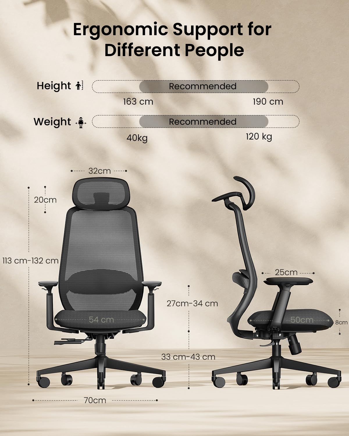 ProtoArc EC200 Ergonomic Office Chair - High Back Computer Desk Chair with 2-Way Adjustable Lumbar Support, Seat Depth & 3D Headrest, Mesh Swivel Desk Chair for Home & Office, Black