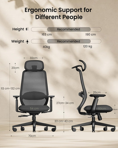 ProtoArc EC200 Ergonomic Office Chair - High Back Computer Desk Chair with 2-Way Adjustable Lumbar Support, Seat Depth & 3D Headrest, Mesh Swivel Desk Chair for Home & Office, Black