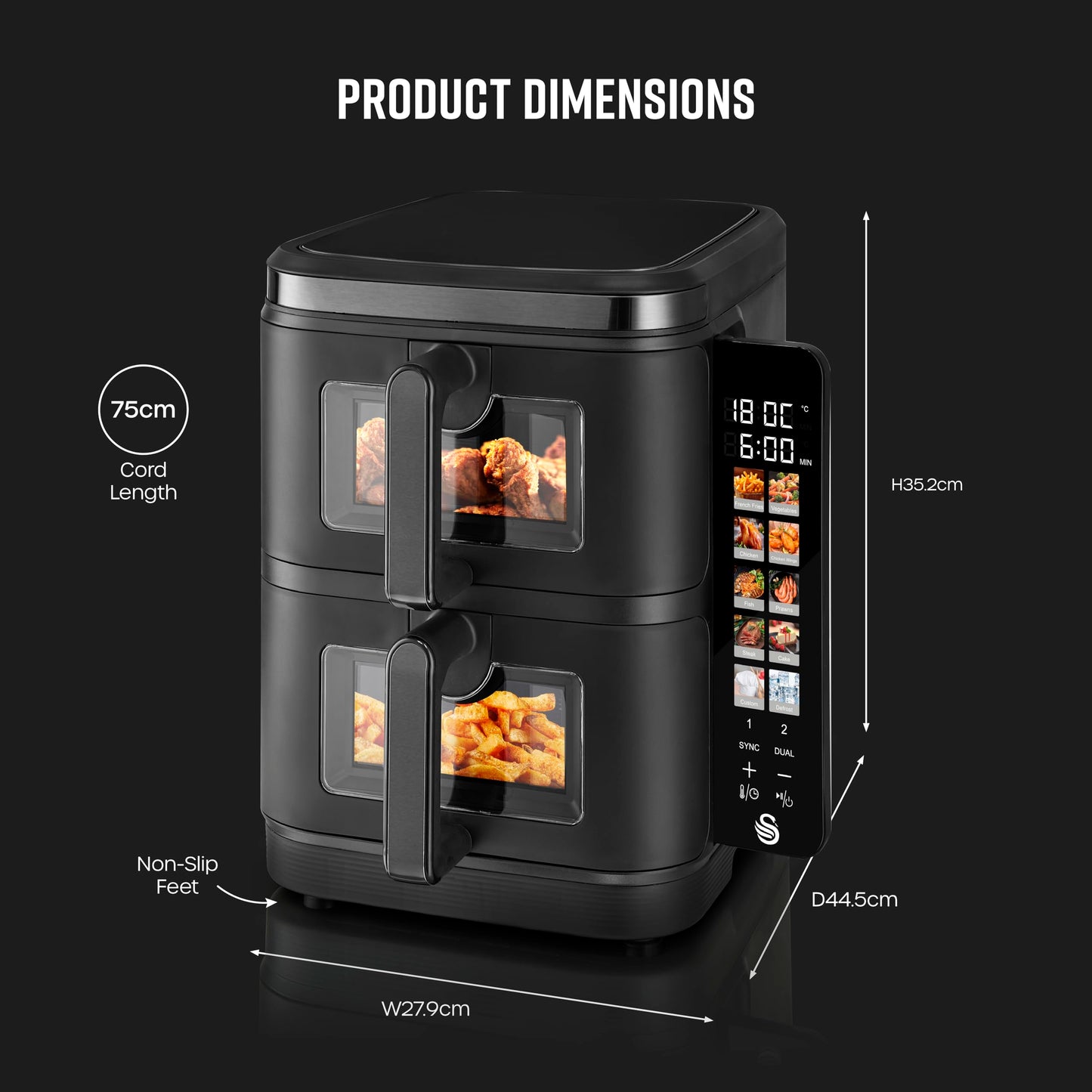 Swan 11L Twin Stack Air Fryer, Swan Cyclone Technology, Two 5.5L Baskets, Space-Saving Vertical Stack Design, Foldable Digital Touch Display, Dual Cook Functions,10 Pre-Sets, 2800W Black, SD10522BLK