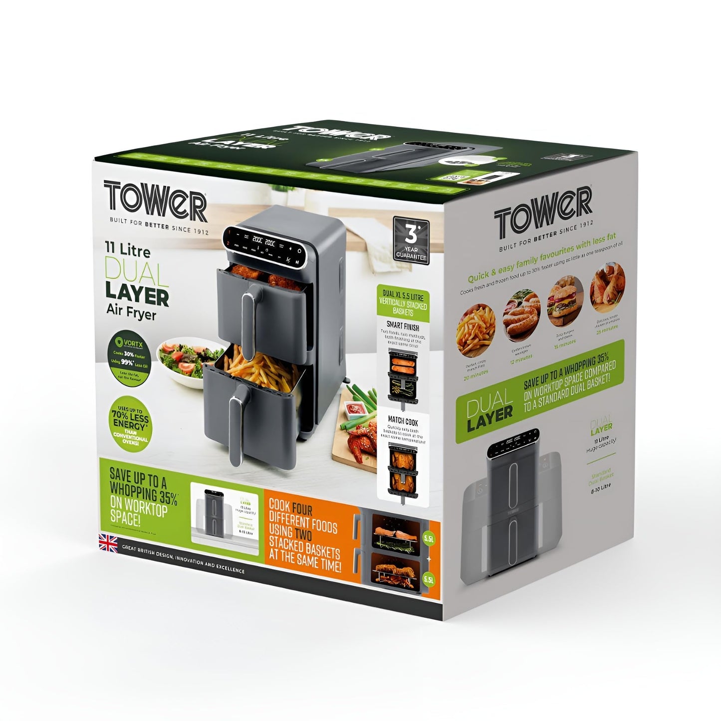 Tower Vortx XL Dual Stack Air Fryer with Digital Control Panel, Space Saving Design, 6 Preset Cooking Modes, Match Cook & Smart Finish Functions, 2460W, 11L, Graphite with Chrome Trim, T17190GRP