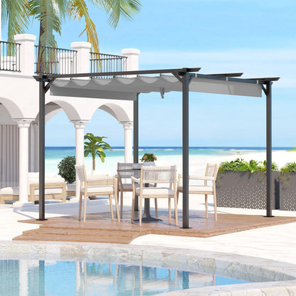 Gazebo, bigzzia Metal Pergola With Retractable Roof,Outdoor Parasol Features Water-Resistant And SPF 15 With PU Coated Canopy,Sun Shade For Garden Party Barbecue Event (Grey, 2.44x2.44M)