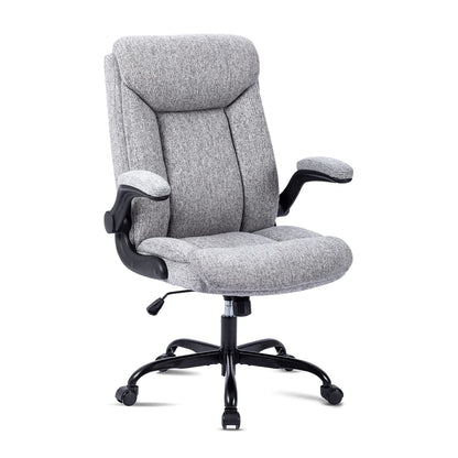 MZLEE Fabric Office Chair for Home Office, Ergonomic Heavy Duty Desk Chair with Flip-up Arms & Lumbar Support, Comfortable Padded Swivel Computer Chair for Bedroom Study, 150KG Capacity, Grey