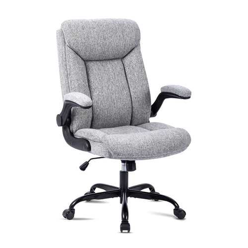 MZLEE Fabric Office Chair for Home Office, Ergonomic Heavy Duty Desk Chair with Flip-up Arms & Lumbar Support, Comfortable Padded Swivel Computer Chair for Bedroom Study, 150KG Capacity, Grey