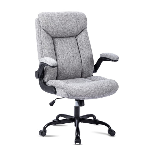 MZLEE Fabric Office Chair for Home Office, Ergonomic Heavy Duty Desk Chair with Flip-up Arms & Lumbar Support, Comfortable Padded Swivel Computer Chair for Bedroom Study, 150KG Capacity, Grey
