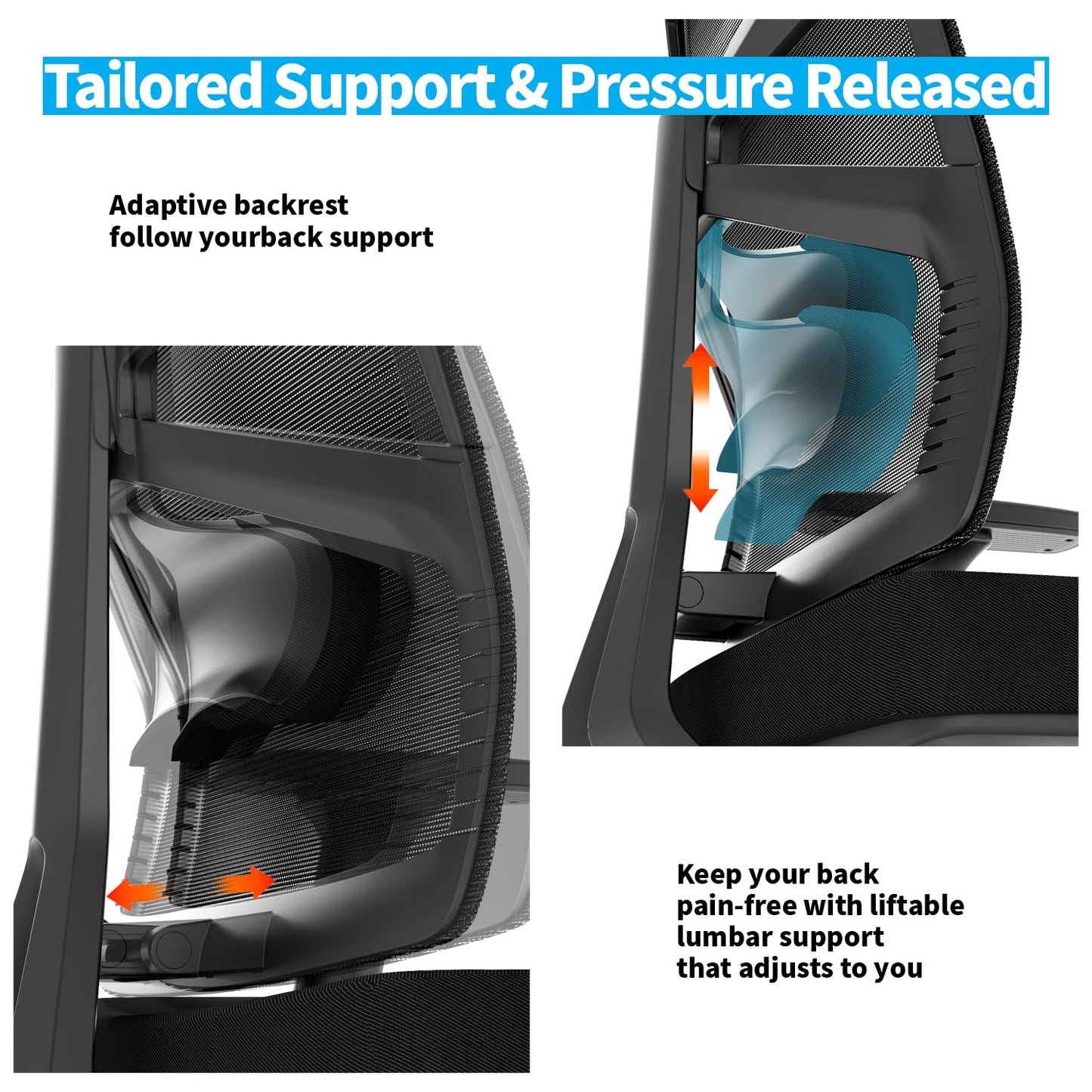 HOLLUDLE Ergonomic Office Chair with Adaptive Backrest, High Back Computer Desk Chair with 4D Armrests, Adjustable Seat Depth, Lumbar Support and 2D Headrest, Swivel Task Chair, Black