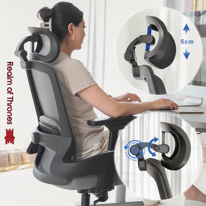 Realm of Thrones AVALON Ergonomic Office Chair for Home, Gaming Desk Chair, 3D Headrest/High Back Mesh/Comfort Cushion Seat/3D Armrests/Adjustable Lumbar Support/Heavy Duty Steel Base (Black)
