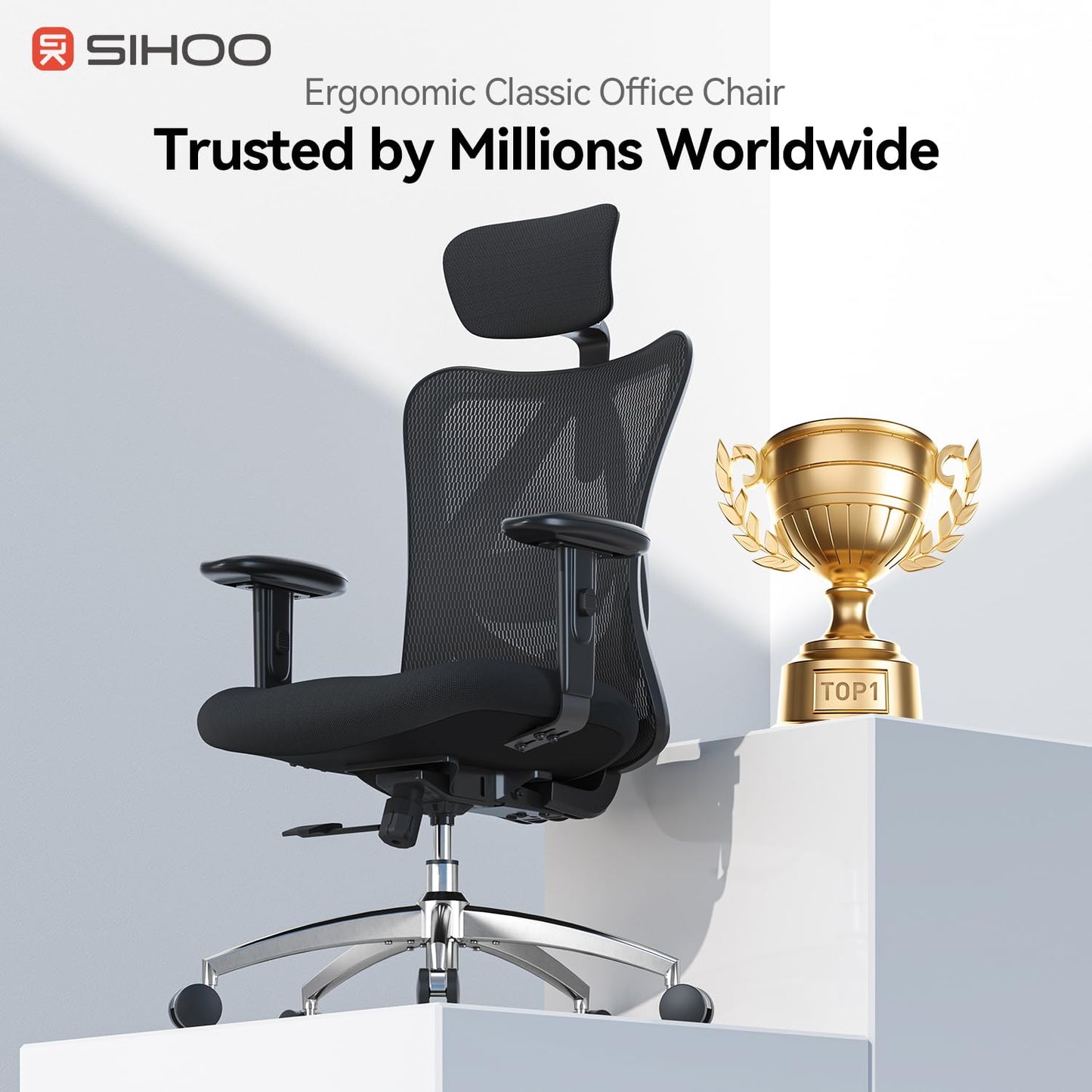 SIHOO Office Desk Chair, Ergonomic Computer Office Chair with Adjustable Headrest and Lumbar Support,High Back Executive Swivel Chair (Black)