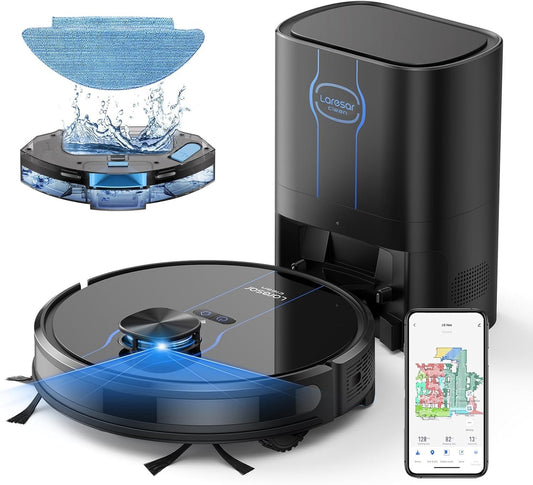 Laresar Clean Self-Emptying Robot Vacuum Cleaner with Mop 10,000Pa, LiDAR Navigation, 180 Mins Runtime, Up to 60 Days of Hands-Free Cleaning Robotic Vacuums for Pet Hair, Carpet, All Floors, L6 Nex