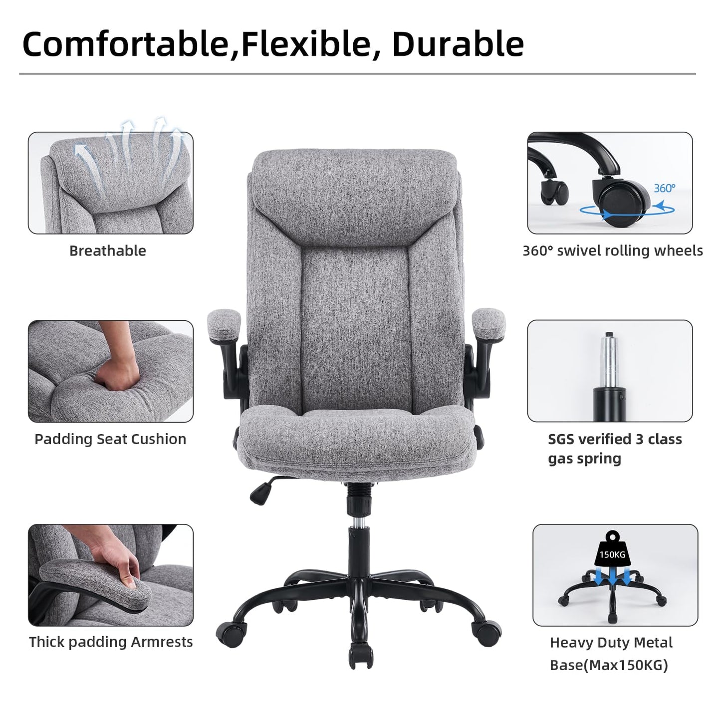 MZLEE Fabric Office Chair for Home Office, Ergonomic Heavy Duty Desk Chair with Flip-up Arms & Lumbar Support, Comfortable Padded Swivel Computer Chair for Bedroom Study, 150KG Capacity, Grey