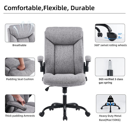 MZLEE Fabric Office Chair for Home Office, Ergonomic Heavy Duty Desk Chair with Flip-up Arms & Lumbar Support, Comfortable Padded Swivel Computer Chair for Bedroom Study, 150KG Capacity, Grey