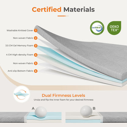 Vesgantti Mattress Topper for Double Bed, Gel Memory Foam Mattress Topper for Cool Sleep & Back Pain Relief, with Washable Cover & Corner Elastic Straps, CertiPUR-US Certified, 135x190x7.5cm