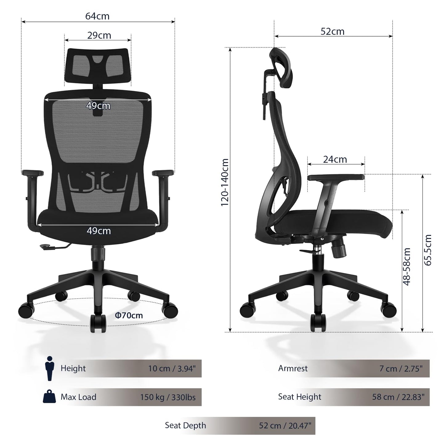 Durrafy Office Chair, Desk Chair with Adjustable Headrest, Lumbar support and Liftable Armrest, High Back Ergonomic Office Chair, Breathable Mesh Backrest for Comfy, Computer Chair for Home/Office