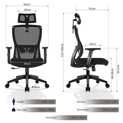 Durrafy Office Chair, Desk Chair with Adjustable Headrest, Lumbar support and Liftable Armrest, High Back Ergonomic Office Chair, Breathable Mesh Backrest for Comfy, Computer Chair for Home/Office