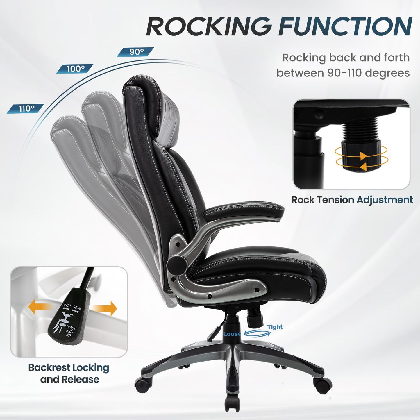 Ergonomic Executive Office Chair with Adjustable Lumbar Support, Flip-up Armrests, Double Padded Seat & Tilt Function – High Back Swivel Desk Chair for Home Office & Gaming,Black