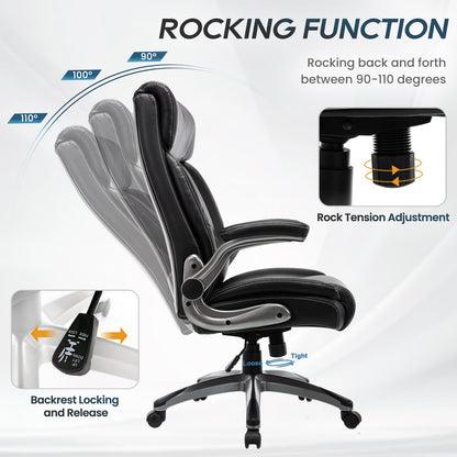 Ergonomic Executive Office Chair with Adjustable Lumbar Support, Flip-up Armrests, Double Padded Seat & Tilt Function – High Back Swivel Desk Chair for Home Office & Gaming,Black