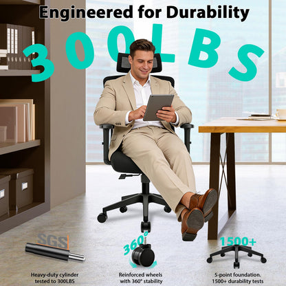 Durrafy Ergonomic Office Chair, Desk Chair with Adjustable Lumbar Headrest and Armrest, Office Chairs Support up to 150 kg, Breathable and Comfortable Mesh Swivel Chair for Home/Office, Black