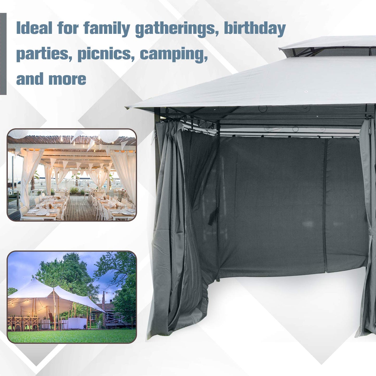 Outsunny 4m x 3(m) Garden Gazebo, Double Roof Outdoor Gazebo Canopy Shelter with Curtains, Solid Steel Frame for Patio, Garden, Grey