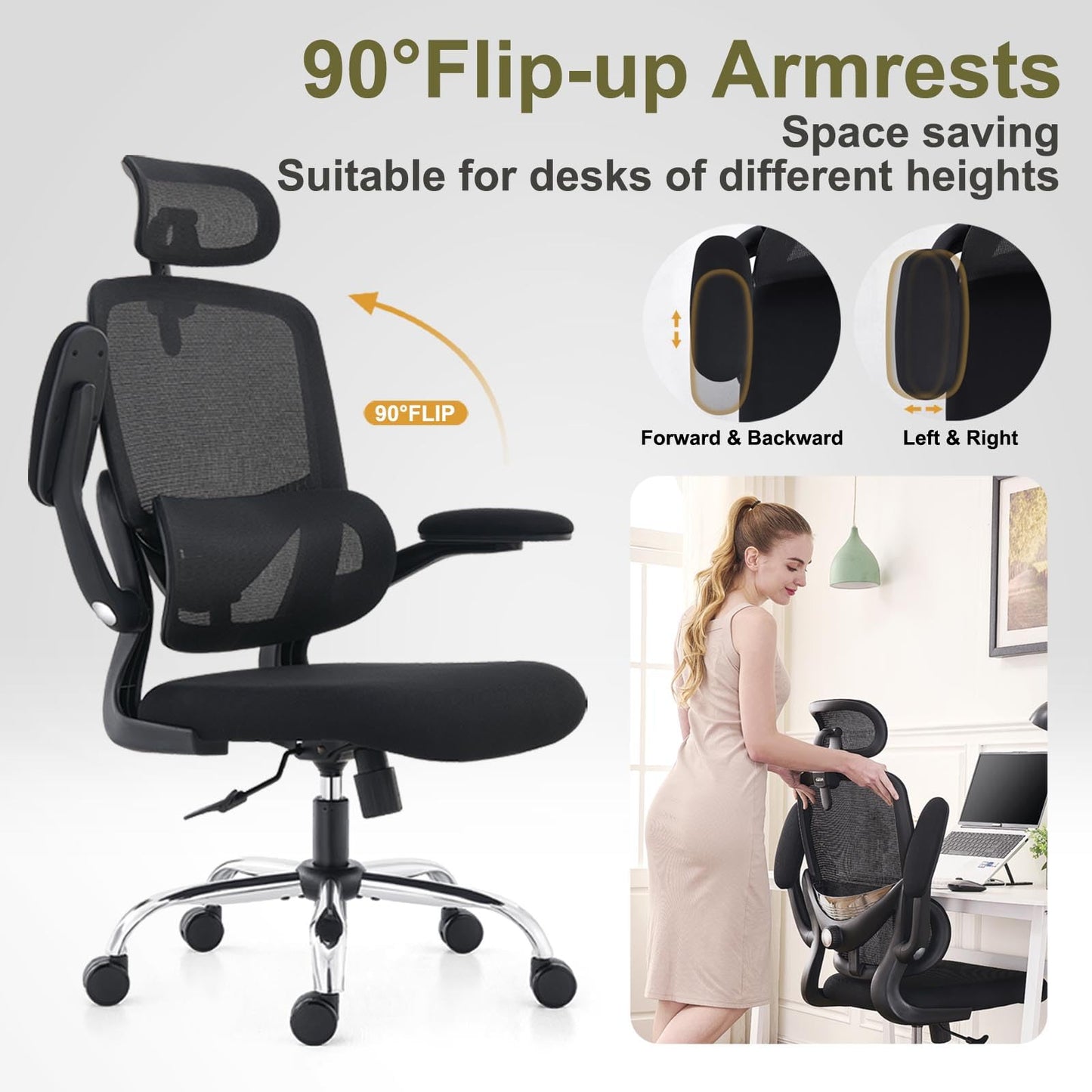 TONFARY Ergonomic Office Chair - High Back Mesh Design with Adjustable Lumbar Support, Flip-Up Armrests, Removable Headrest & 360° Swivel - Space-Saving for Home, Work, or Gaming - Black