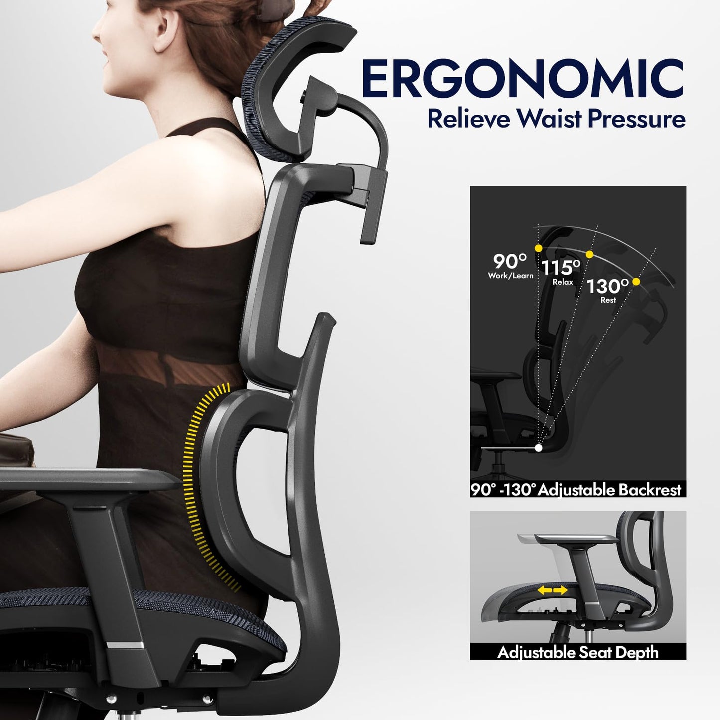 TONFARY Ergonomic Office Chair - Breathable High Back Armchair with Mesh Lumbar Support, 130° Tilt Backrest, Adjustable Seat Depth & 3D Armrest - Big and Tall, Swivel Rolling, Supports Up to 330 LBS