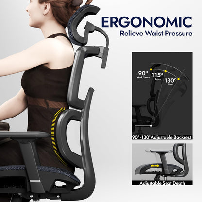 TONFARY Ergonomic Office Chair - Breathable High Back Armchair with Mesh Lumbar Support, 130° Tilt Backrest, Adjustable Seat Depth & 3D Armrest - Big and Tall, Swivel Rolling, Supports Up to 330 LBS