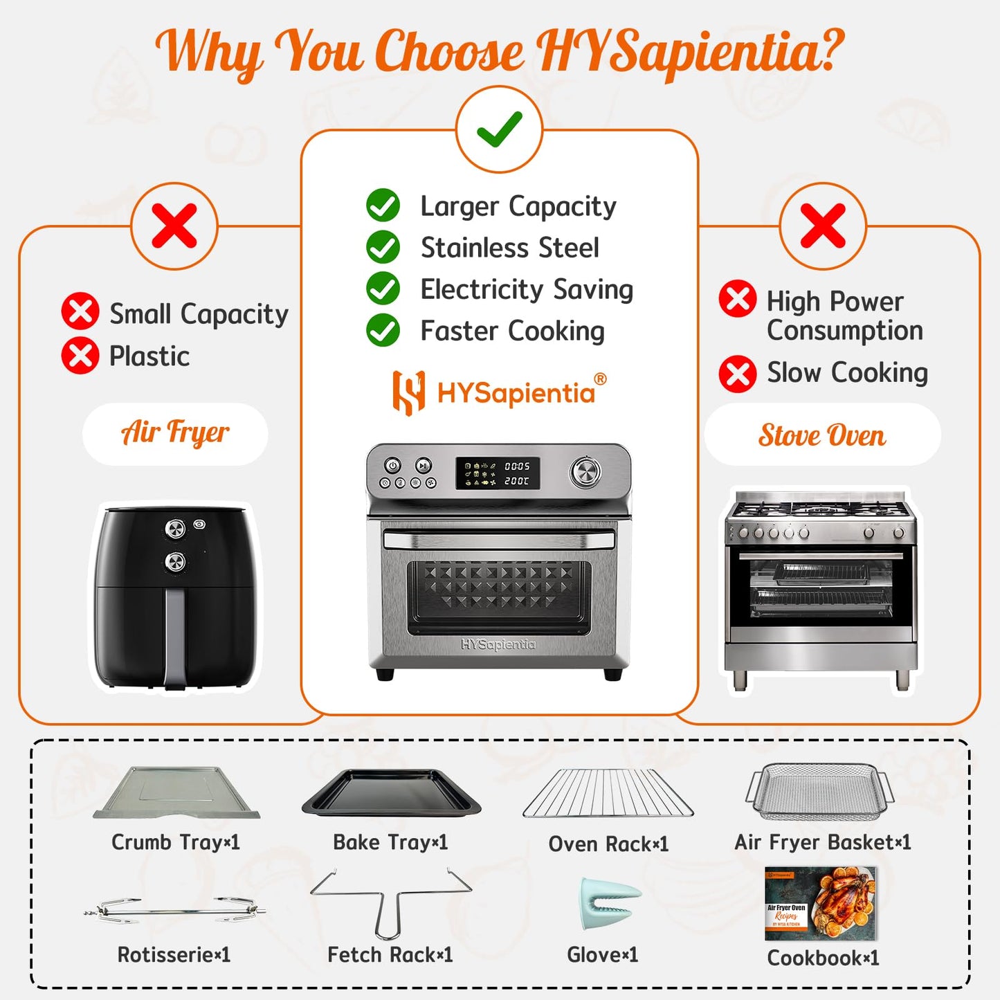 HYSapientia® 24L Air Fryer Oven With Rotisserie Large XXL Digital Knob 1800W 10 in 1 airfryer Countertop Convection Mini Toaster Oven electric and grill, Stainless steel inner, Full Accessory Set
