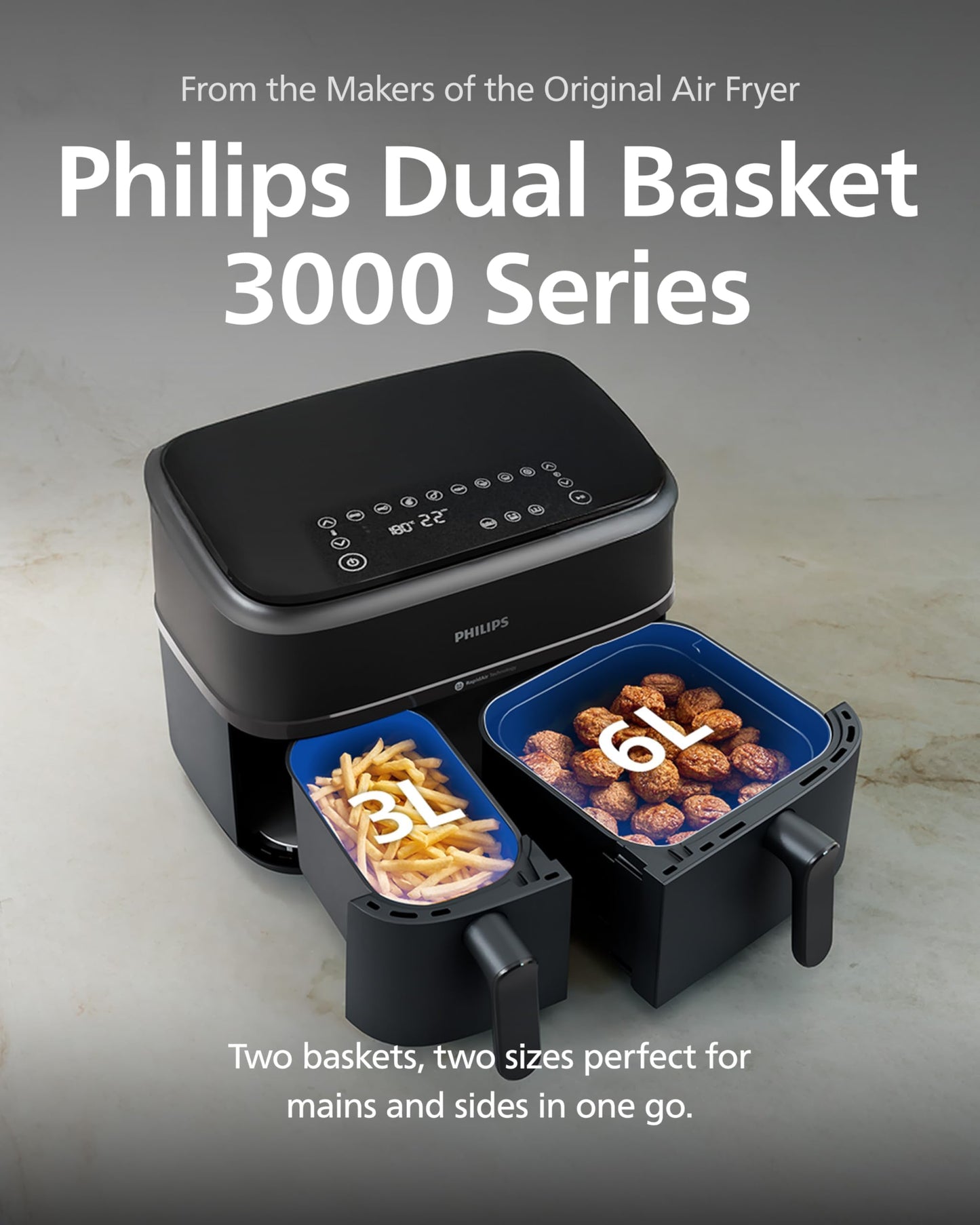 Philips Airfryer 3000 Series Dual Basket - 2 Drawer Air Fryer, 3L + 6L Capacity, RapidAir Plus Technology, 13 Ways to Cook, 90% Less Fat, Easy to Clean, Digital Touchscreen, Energy Saving (NA350/00)