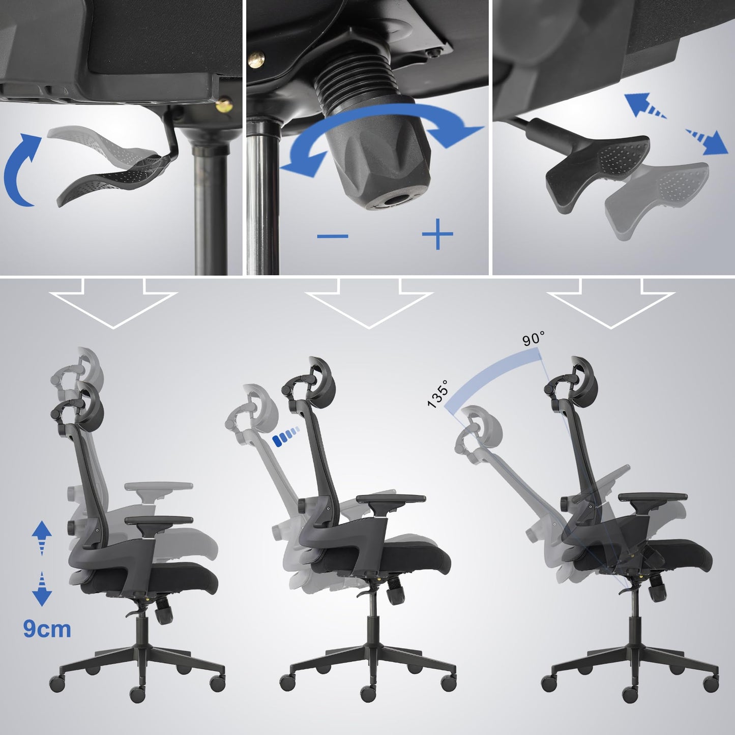 Realm of Thrones AVALON Ergonomic Office Chair for Home, Gaming Desk Chair, 3D Headrest/High Back Mesh/Comfort Cushion Seat/3D Armrests/Adjustable Lumbar Support/Heavy Duty Steel Base (Black)