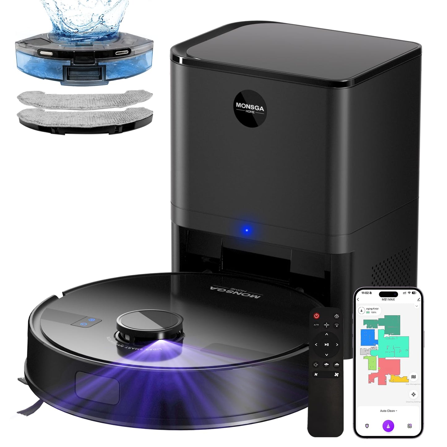 MONSGA Robot Vacuum with Mop, 7000Pa Powerful Suction, Lidar Navigation Robotic Vacuum with 3.5L Self-Empty Station, 180mins Runtime, APP/Remote/Voice Control, for Hard Floors and Carpets (MS1MAX)