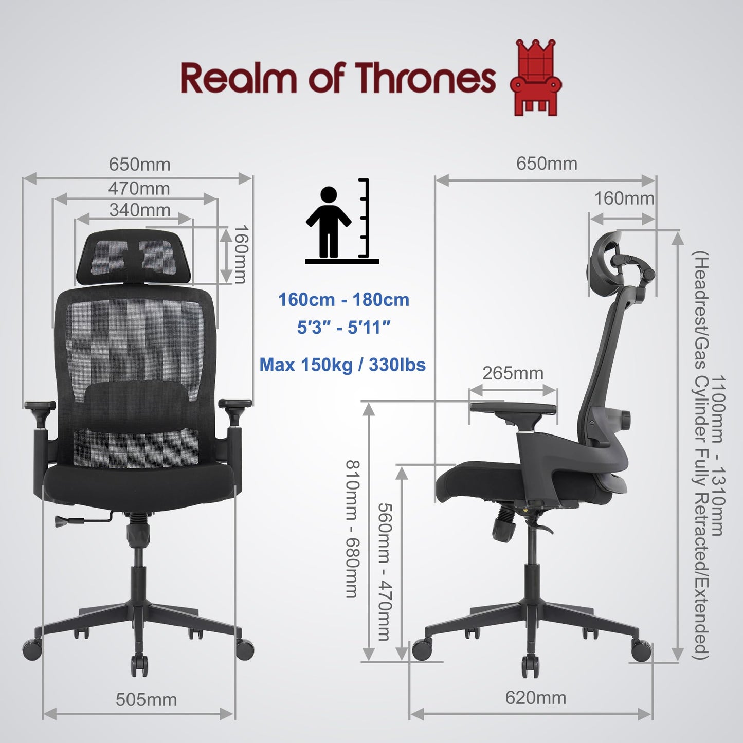 Realm of Thrones AVALON Ergonomic Office Chair for Home, Gaming Desk Chair, 3D Headrest/High Back Mesh/Comfort Cushion Seat/3D Armrests/Adjustable Lumbar Support/Heavy Duty Steel Base (Black)
