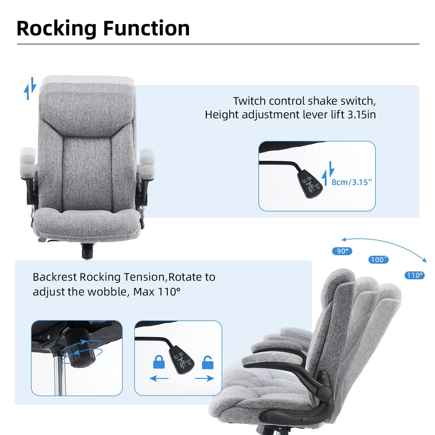 MZLEE Fabric Office Chair for Home Office, Ergonomic Heavy Duty Desk Chair with Flip-up Arms & Lumbar Support, Comfortable Padded Swivel Computer Chair for Bedroom Study, 150KG Capacity, Grey