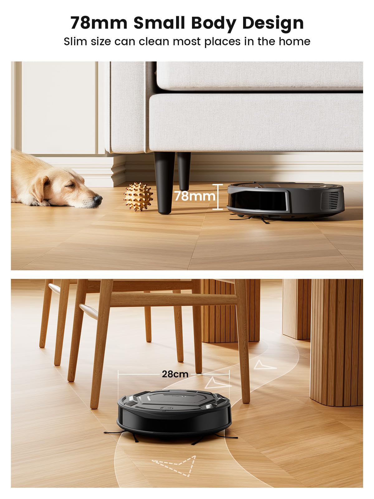 Lefant M210P Robot Vacuum Cleaner Black - PreciSense Obstacle Avoidance, 2200Pa, Small Robot 7.8cm Thin 28cm DIA, 140 Mins Runtime, Self-Charging, for Pet Hair/Hard Floors