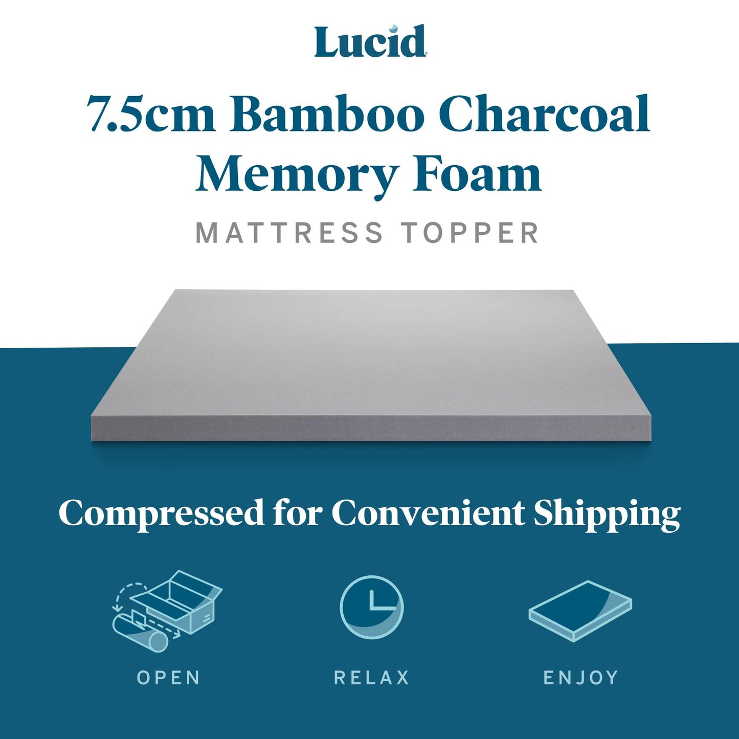 LUCID 7.5 cm Bamboo Charcoal Memory Foam Mattress Topper - Activated Charcoal - Breathable Mattress Topper, Super King (180 x 200 cm)