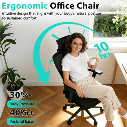Durrafy Ergonomic Office Chair, Desk Chair with Adjustable Lumbar Headrest and Armrest, Office Chairs Support up to 150 kg, Breathable and Comfortable Mesh Swivel Chair for Home/Office, Black