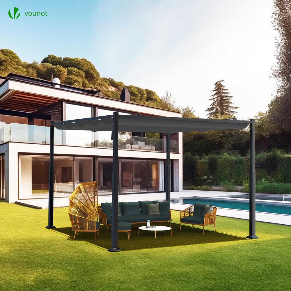 VOUNOT 3x3m Metal Pergola with Retractable Canopy – Garden Gazebo with Sun Shade for Patio & Outdoor Use, Dary Grey