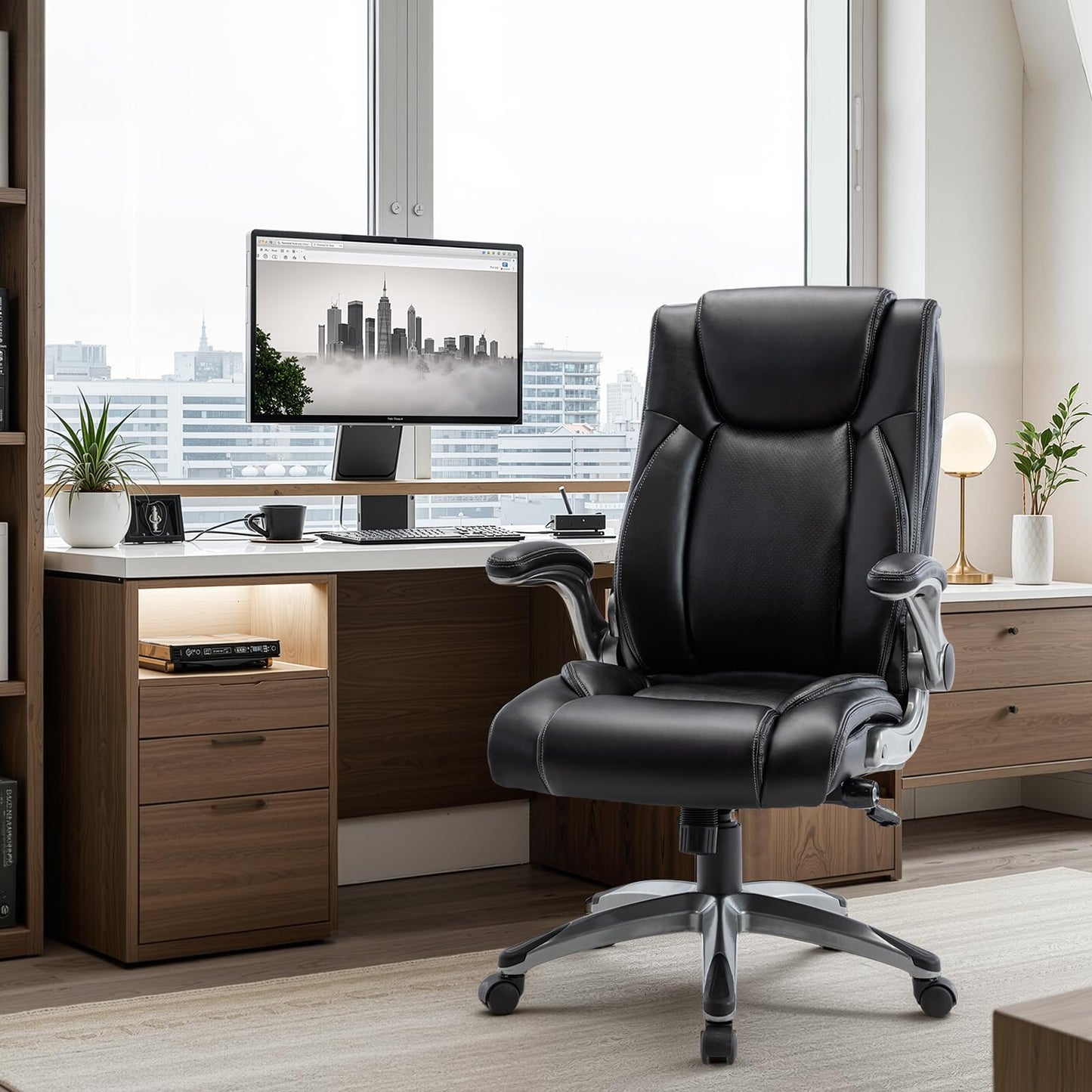 Ergonomic Executive Office Chair with Adjustable Lumbar Support, Flip-up Armrests, Double Padded Seat & Tilt Function – High Back Swivel Desk Chair for Home Office & Gaming,Black