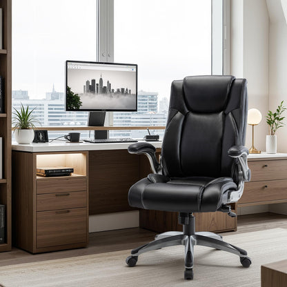 Ergonomic Executive Office Chair with Adjustable Lumbar Support, Flip-up Armrests, Double Padded Seat & Tilt Function – High Back Swivel Desk Chair for Home Office & Gaming,Black