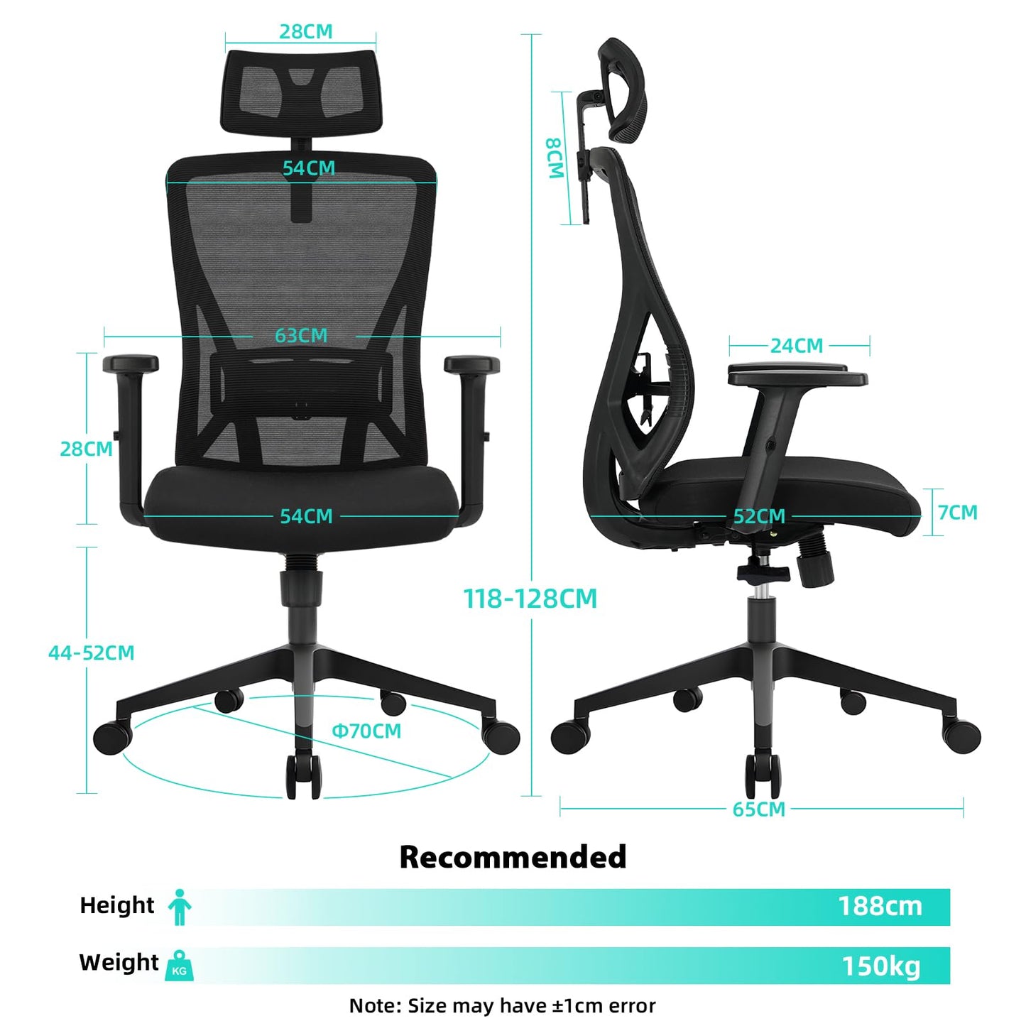 Durrafy Ergonomic Office Chair, Desk Chair with Adjustable Lumbar Headrest and Armrest, Office Chairs Support up to 150 kg, Breathable and Comfortable Mesh Swivel Chair for Home/Office, Black