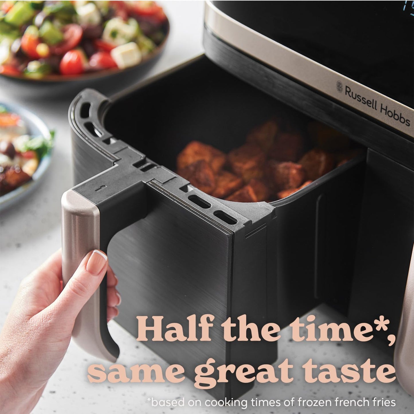 Russell Hobbs Dual Air Fryer 9L Rapid Airfryer [Dual Basket/Zone, Low-Noise, 9 Programs] satisfry (Dishwasher safe drawers, Max 200℃, Oil Free Cooking, Roast, Bake, Grill, Keep warm) 27680