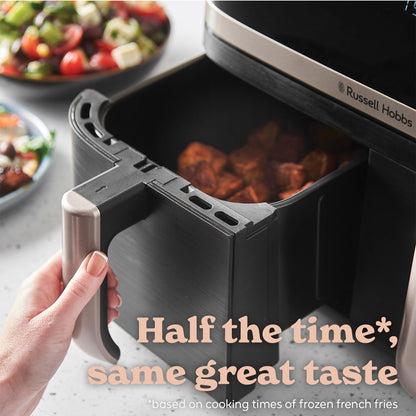 Russell Hobbs Dual Air Fryer 9L Rapid Airfryer [Dual Basket/Zone, Low-Noise, 9 Programs] satisfry (Dishwasher safe drawers, Max 200℃, Oil Free Cooking, Roast, Bake, Grill, Keep warm) 27680
