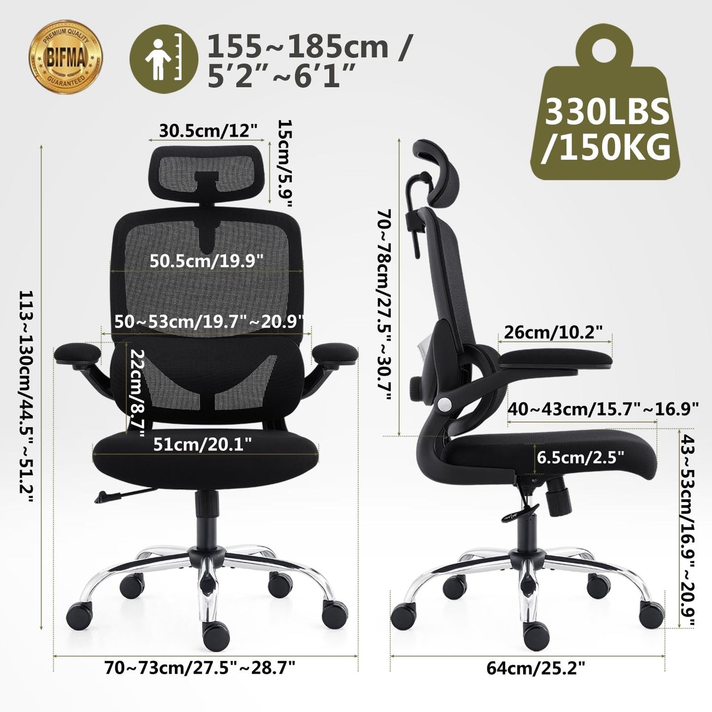 TONFARY Ergonomic Office Chair - High Back Mesh Design with Adjustable Lumbar Support, Flip-Up Armrests, Removable Headrest & 360° Swivel - Space-Saving for Home, Work, or Gaming - Black
