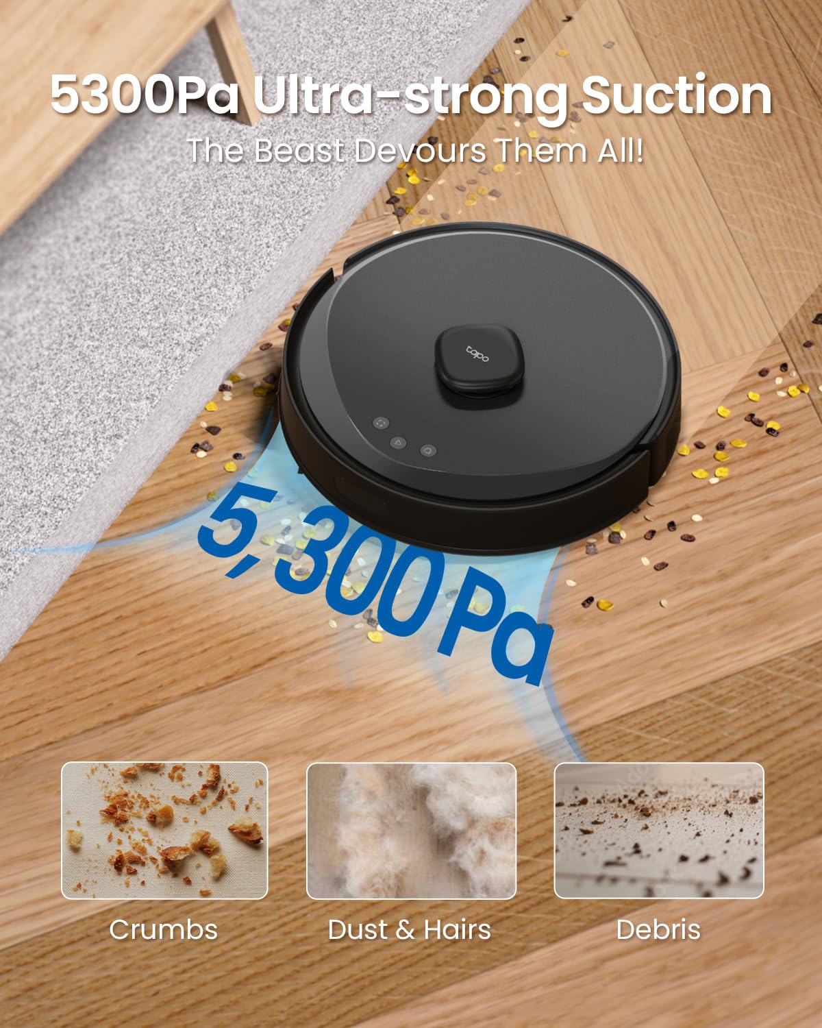Tapo RV30 Max Plus 5300Pa Robot Vacuum Cleaner with Mop, LiDAR+IMU Dual Navigation, 5300Pa Hyper Suction, Auto-Empty, Robot Hoover, Auto-Charging Robotic Vacuums, Alexa & Google